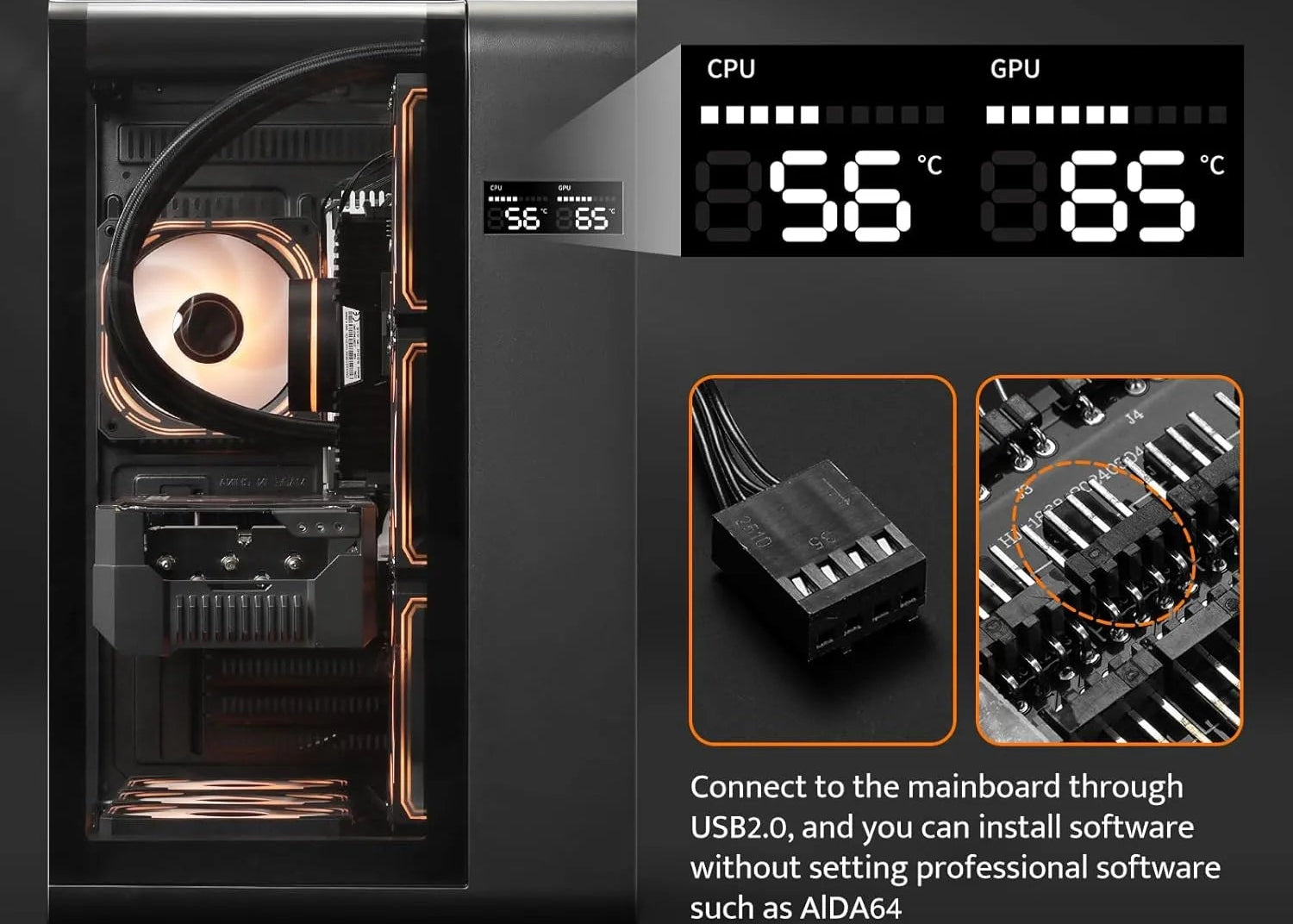 Computer case with digital display screen showing CPU and GPU temperatures- darkFlash