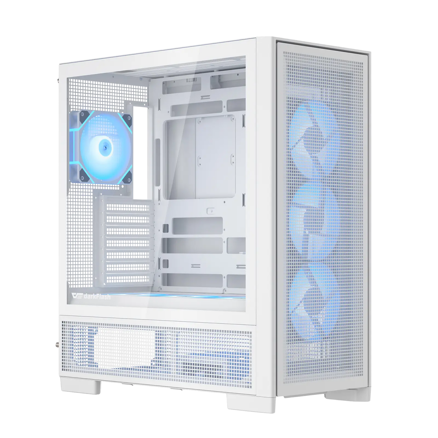 White computer case with blue LED fans