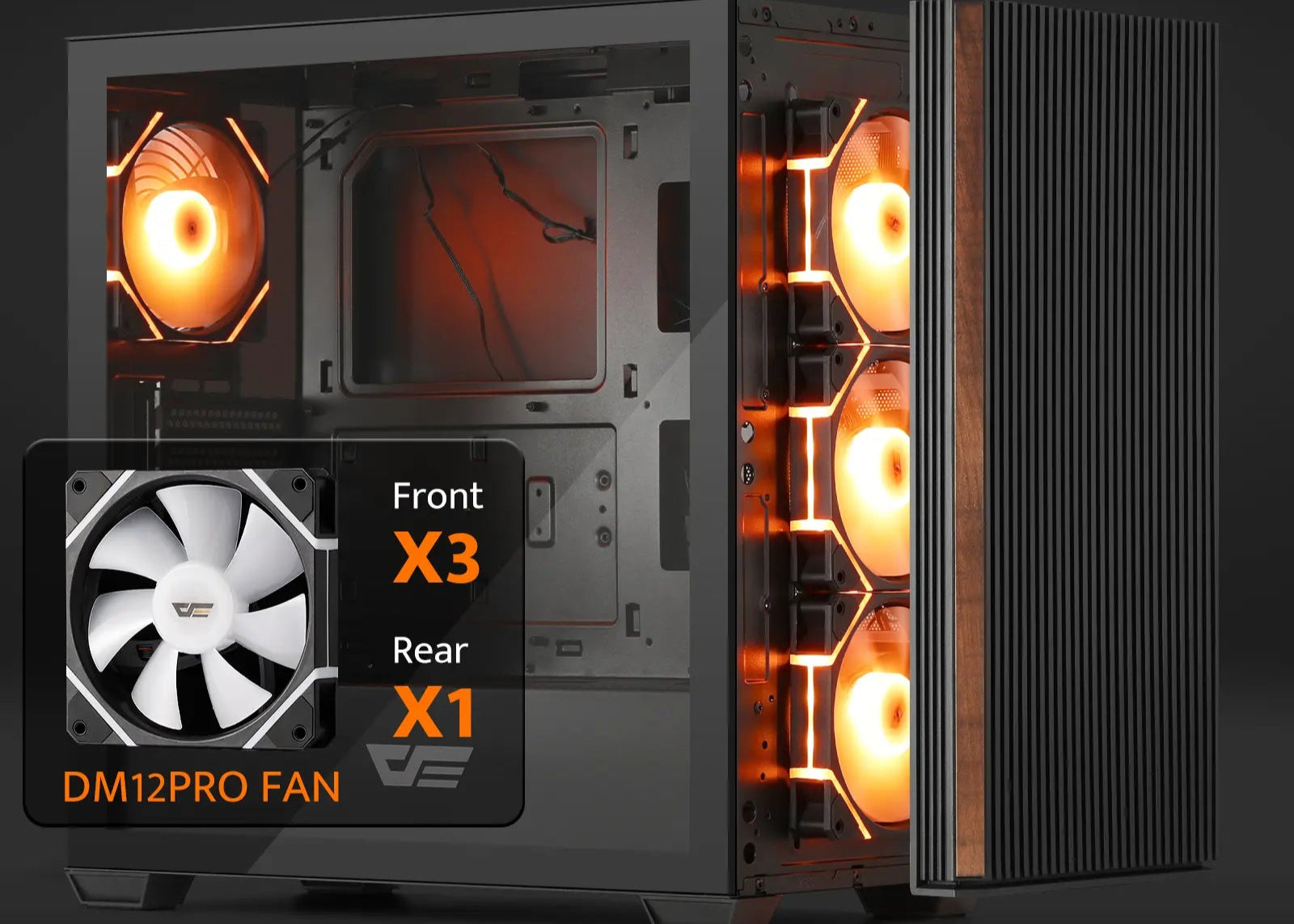 Computer case with pre-installed 120mm PWM RGB fans and a fan display.