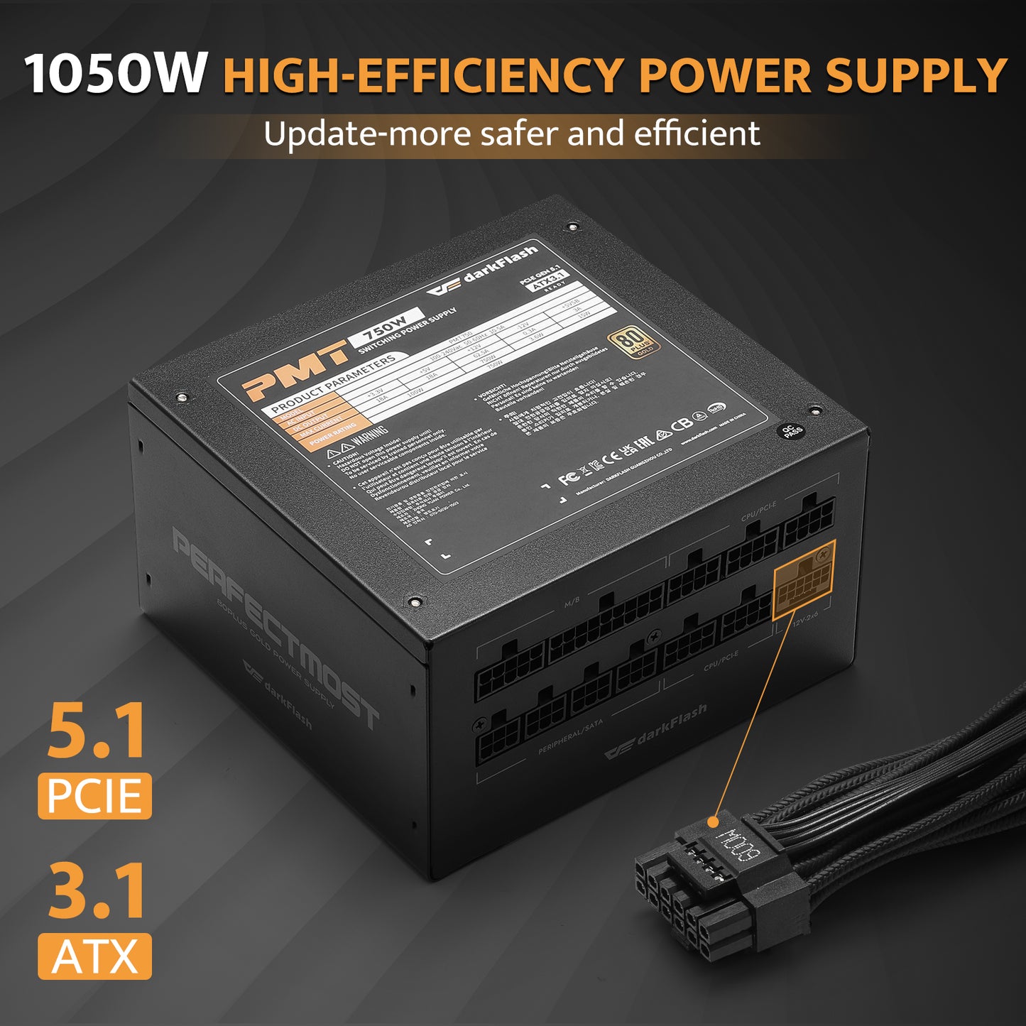 High-efficiency 1050W power supply unit with cable--darkFlash