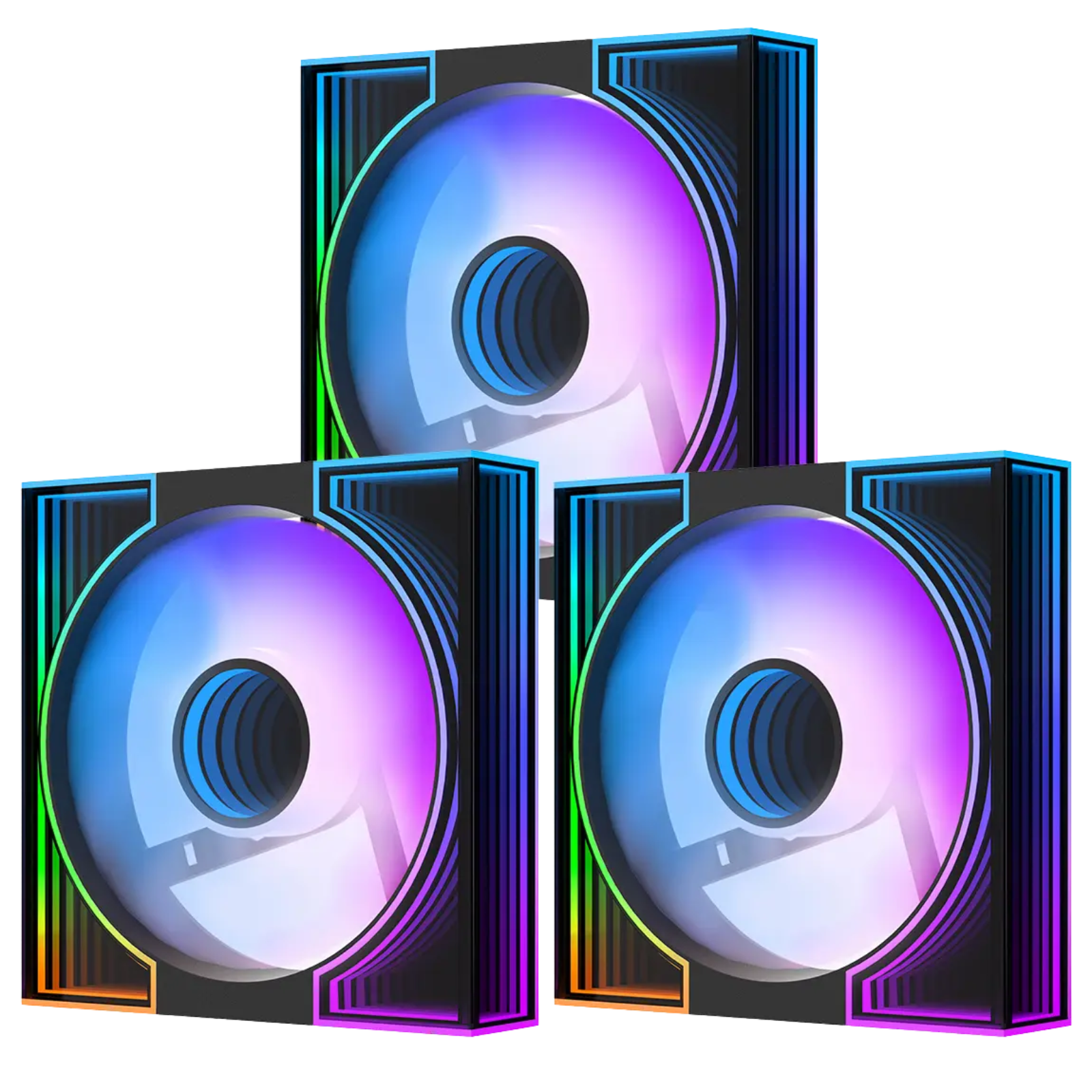 Three computer case fans with RGB lighting