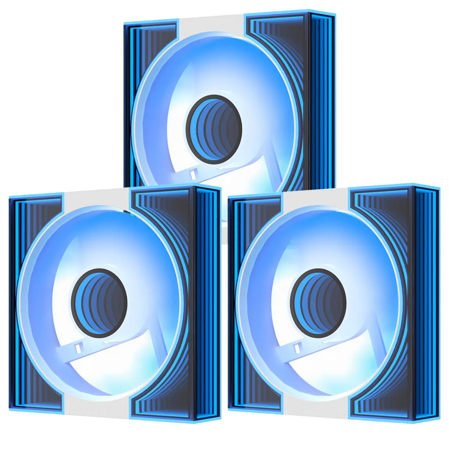 Three blue and white computer case fans