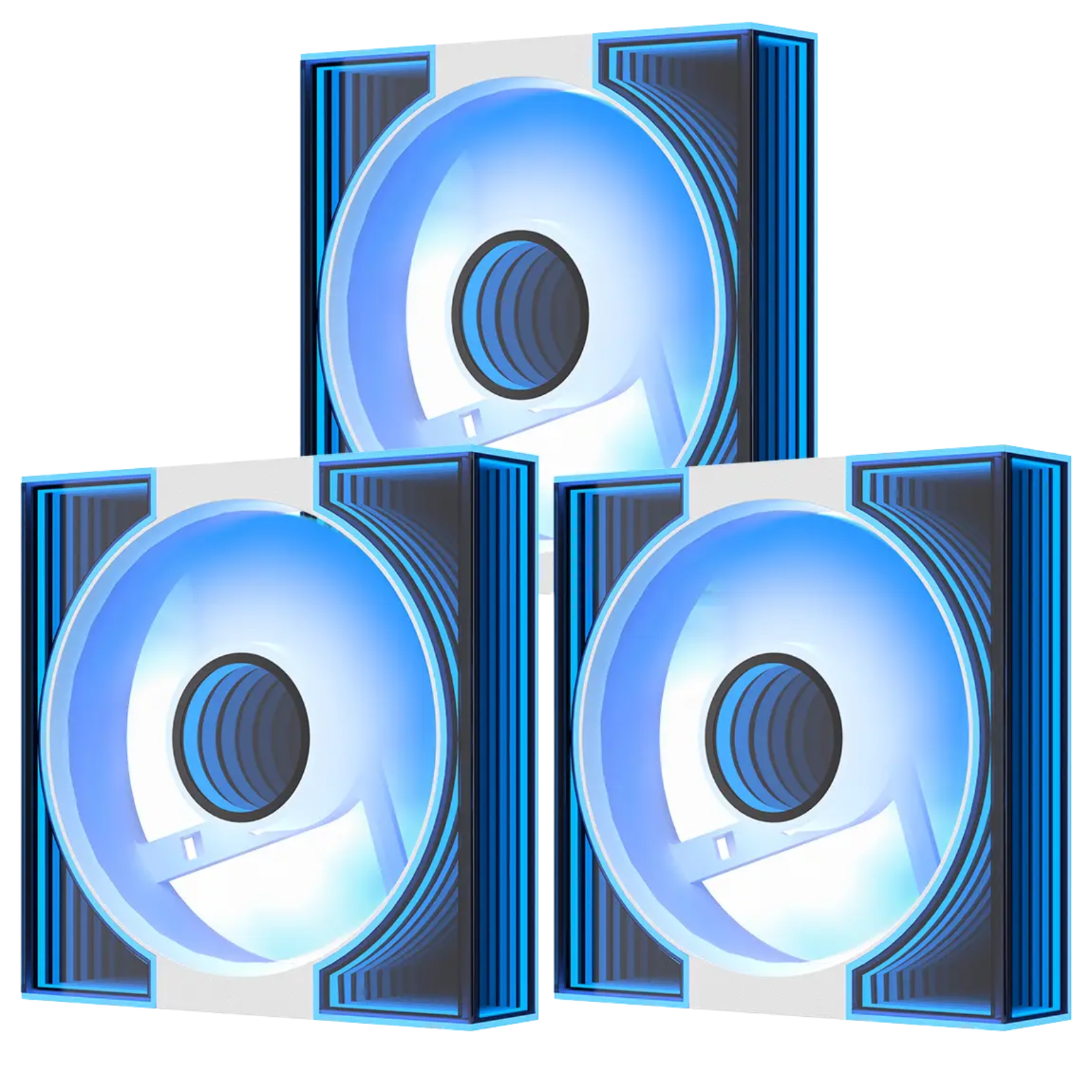 Three blue and white computer case fans