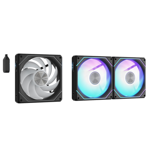 Two cooling fans with one having RGB lighting on a white background