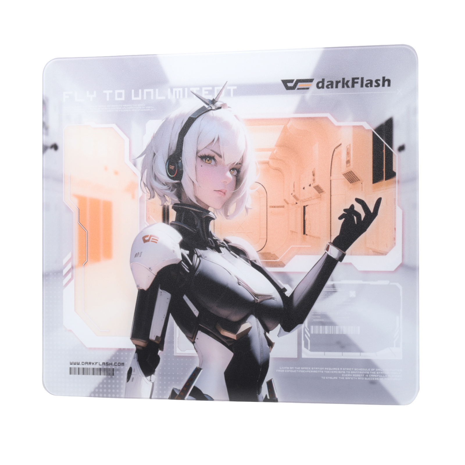 Mouse pad with a futuristic character design and 'darkFlash' branding.