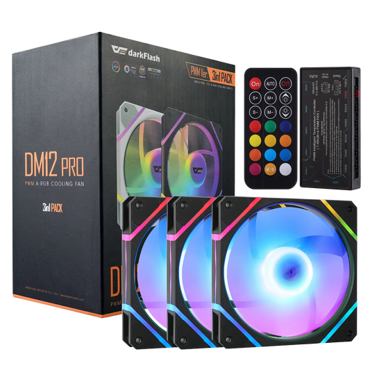 DarkFlash DM12 Pro RGB cooling fan set with packaging, remote control, and battery on a white background.