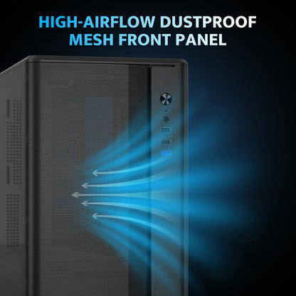 Computer case with high-airflow dustproof mesh front panel and blue airflow illustration
