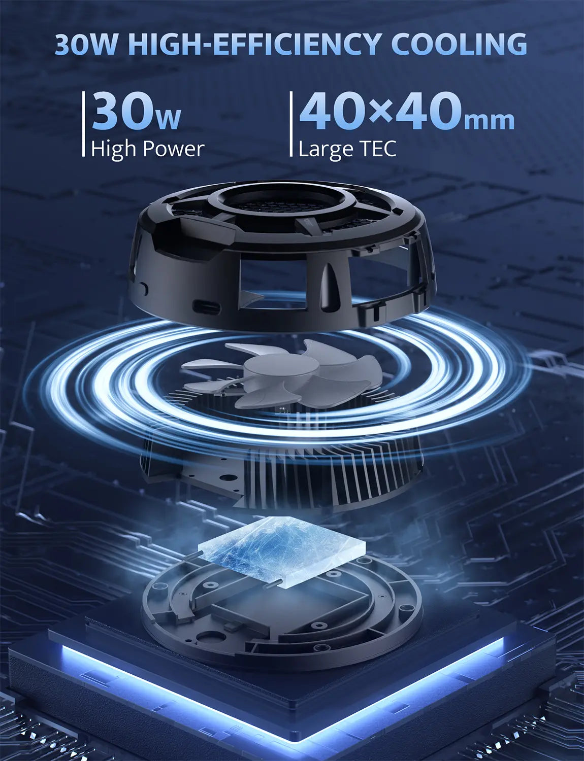 High-efficiency cooling system with 30W power and 40x40mm TEC