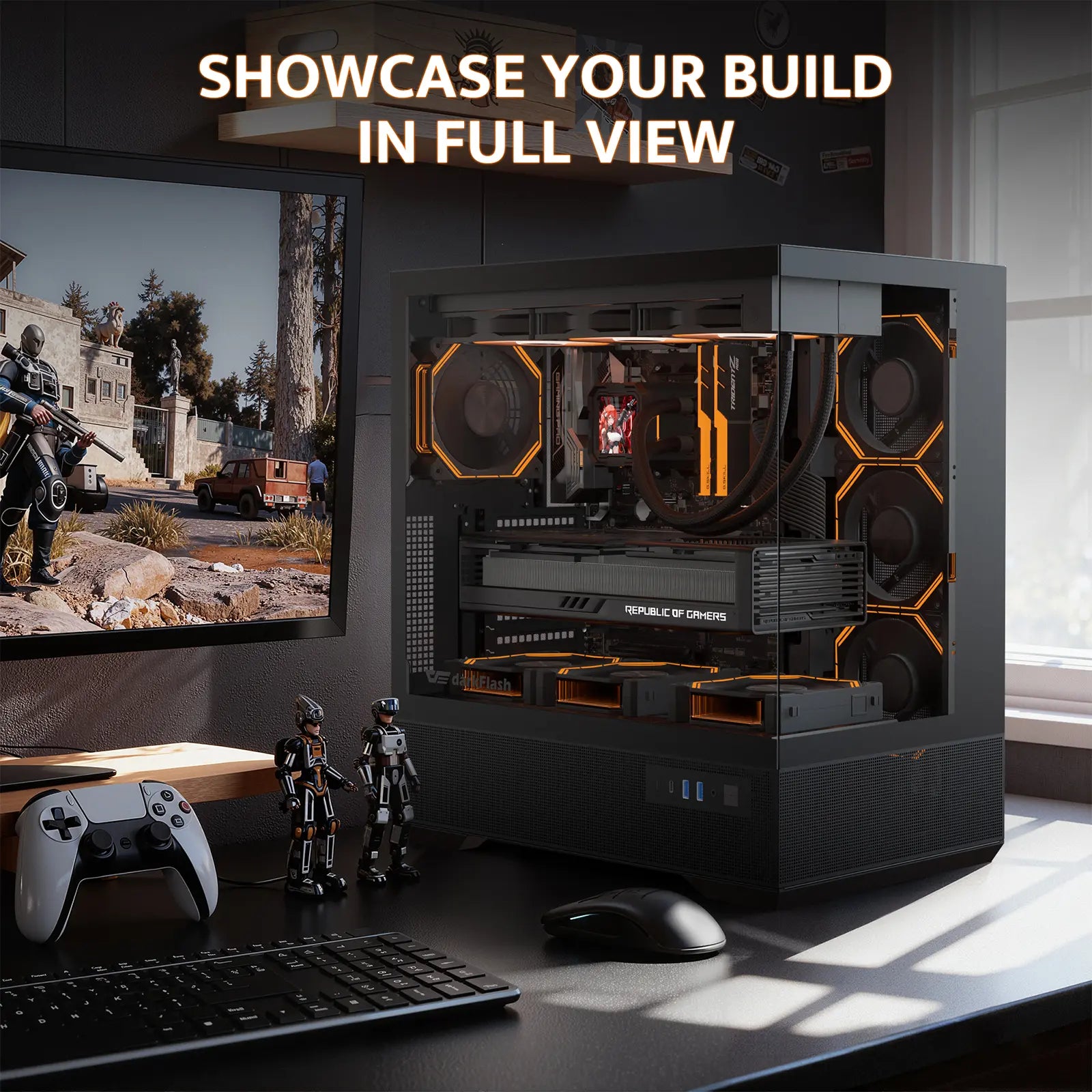 Computer setup with open case showing internal components, monitor displaying game, and gaming accessories on desk.