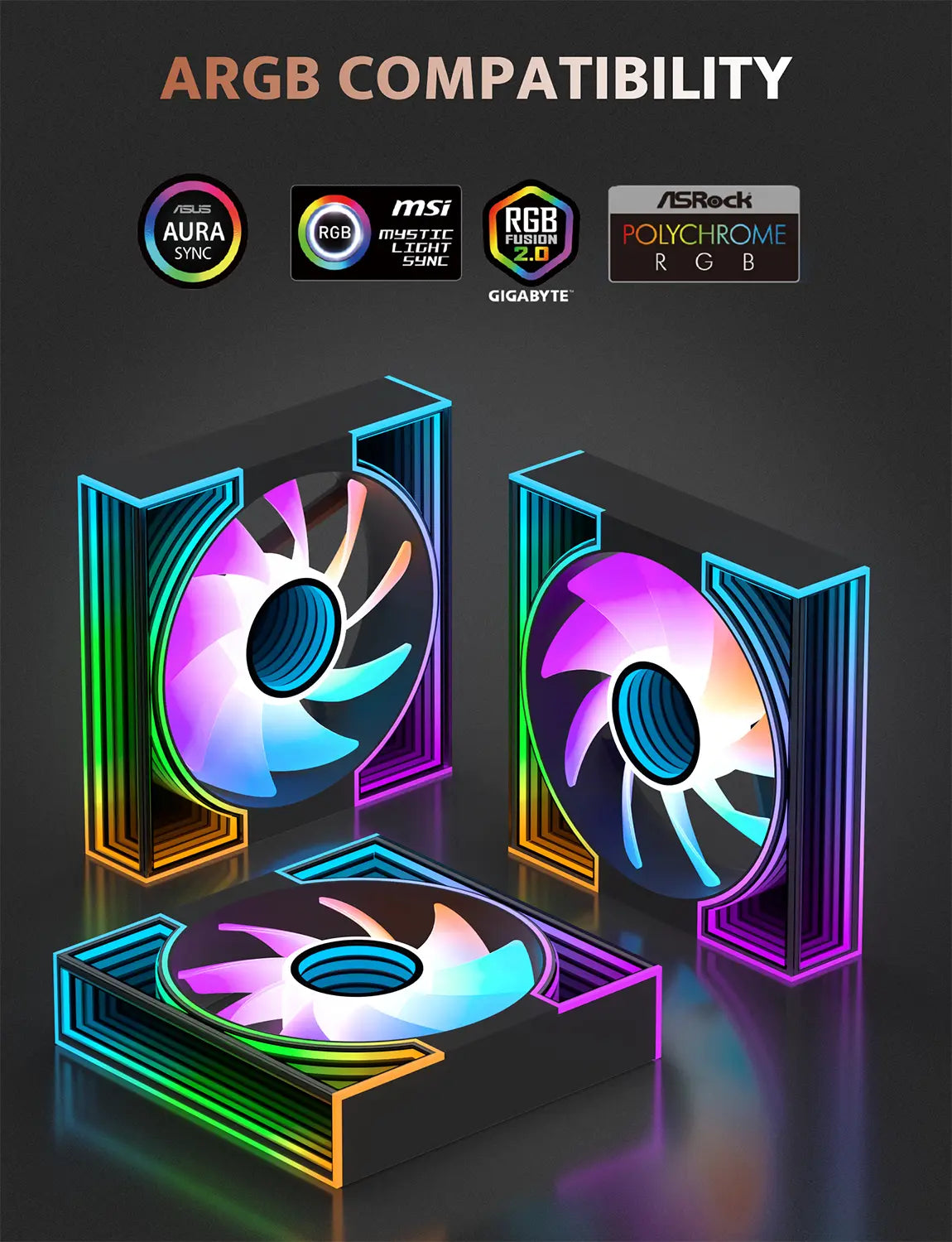 RGB cooling fans with ARGB compatibility logos on a dark background