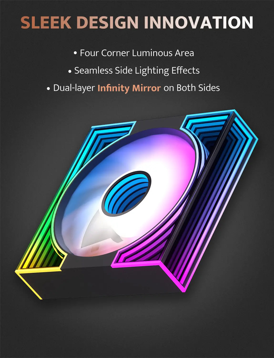 Product with glowing design on a dark background, featuring text about sleek design innovation.