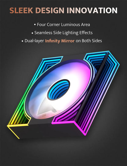 Product with glowing design on a dark background, featuring text about sleek design innovation.