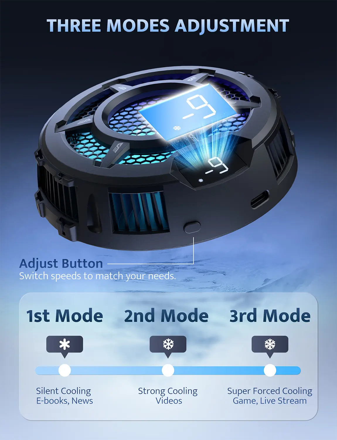 Cooling device with digital display and three mode adjustment options 