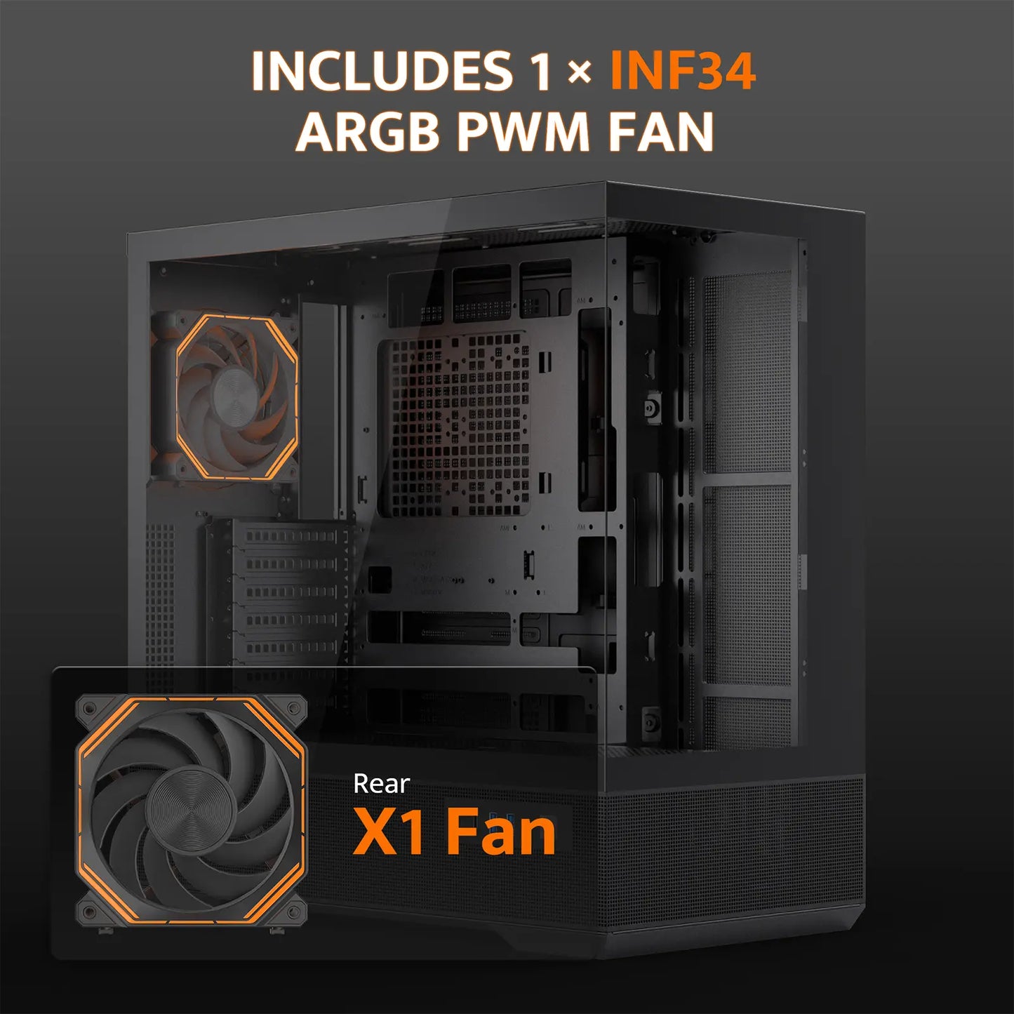 Computer case with an ARGB PWM fan labeled 'INF34' on a dark background