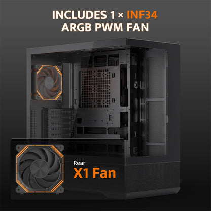 Computer case with an ARGB PWM fan labeled 'INF34' on a dark background