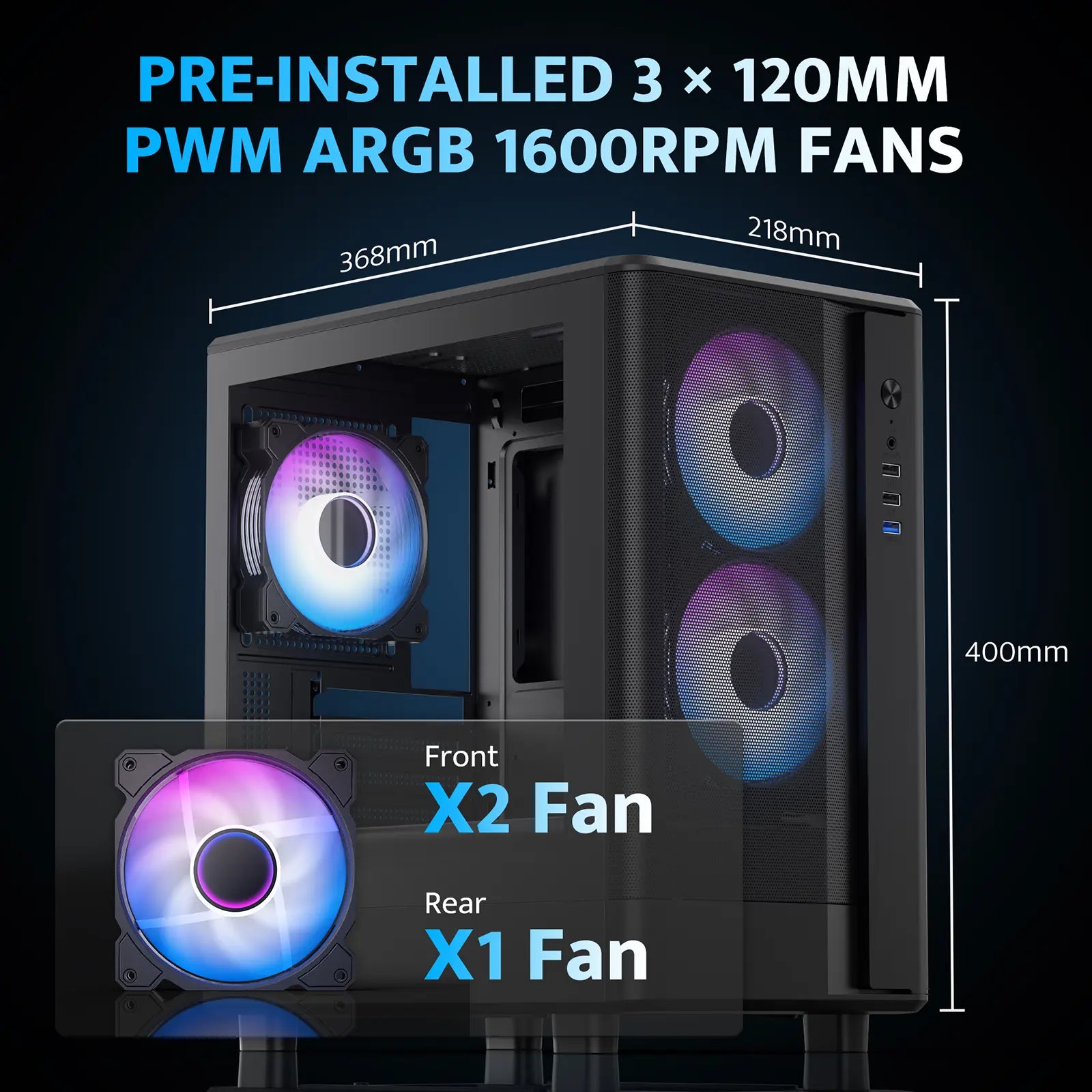 Computer case with pre-installed PWM ARGB fans and dimensions displayed.