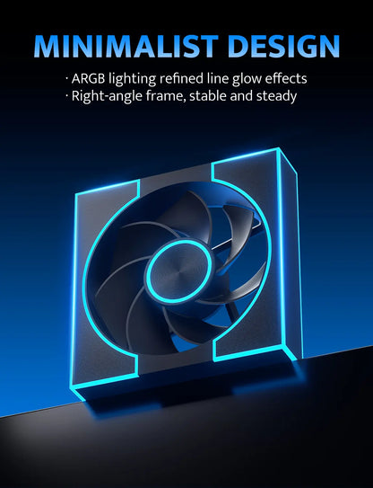 Computer fan with ARGB lighting on a dark background, featuring text about minimalist design.