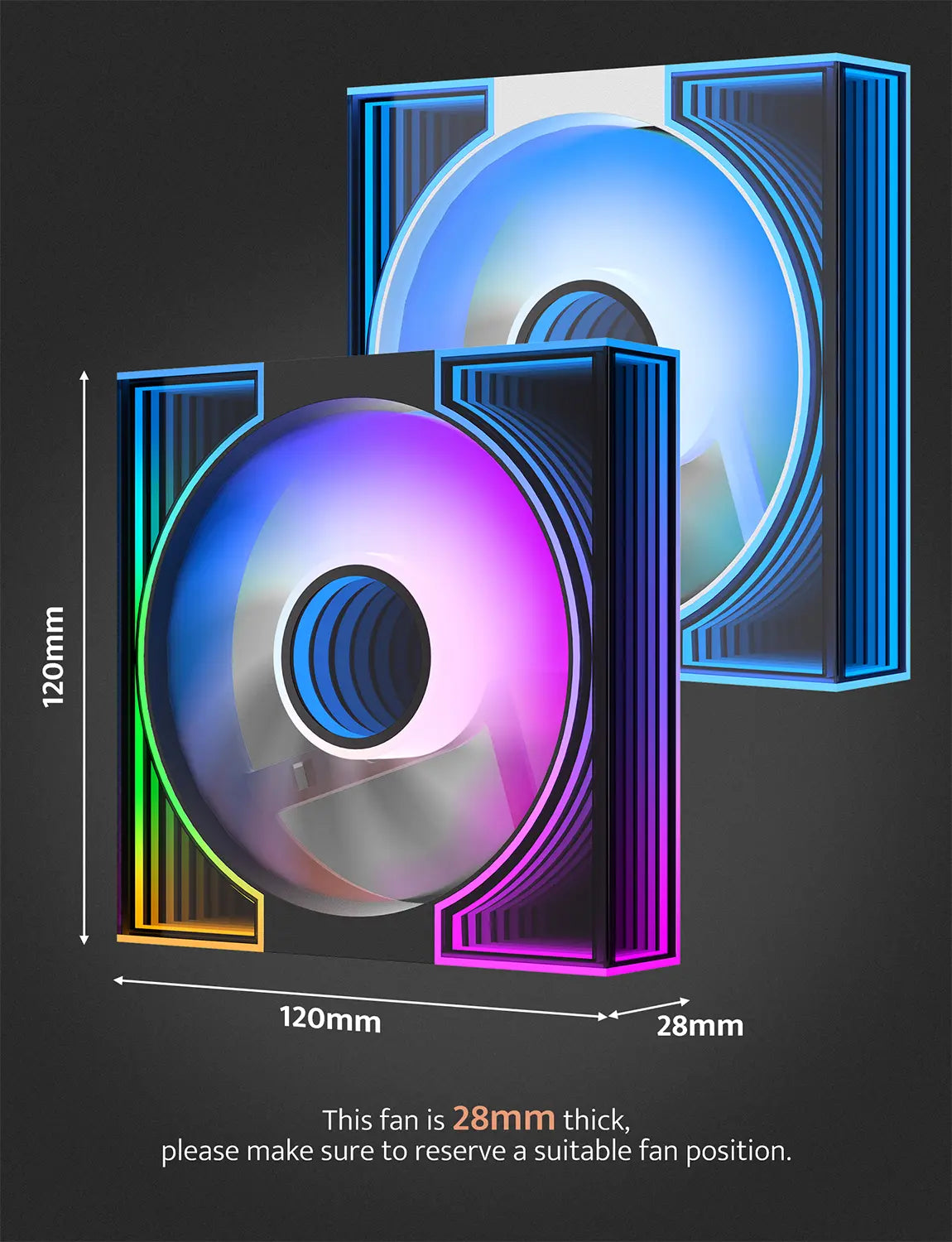 Computer fan with RGB lighting and dimensions on a dark background