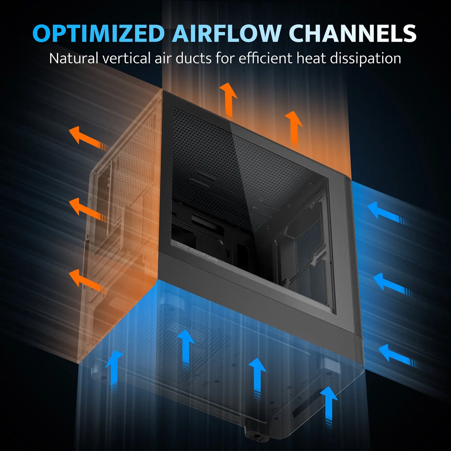 Computer case with optimized airflow channels highlighted, showing air movement within the case.