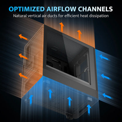 Computer case with optimized airflow channels highlighted, showing air movement within the case.