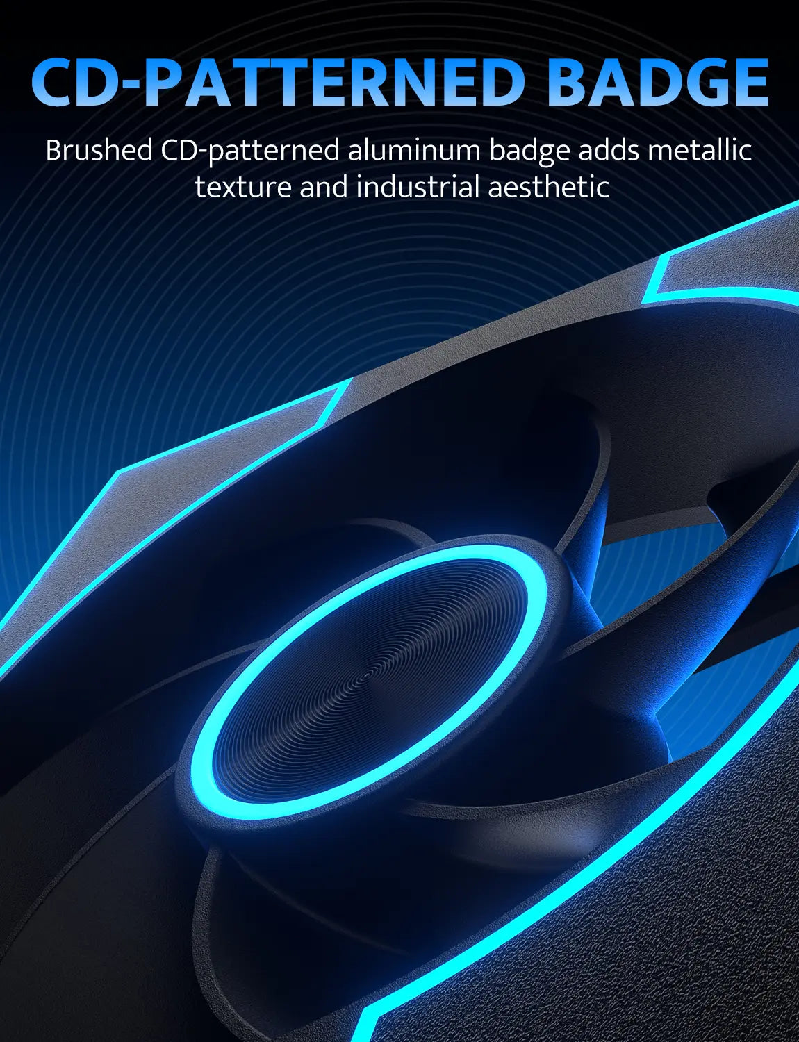 CD-patterned badge on a dark background with text describing its features.