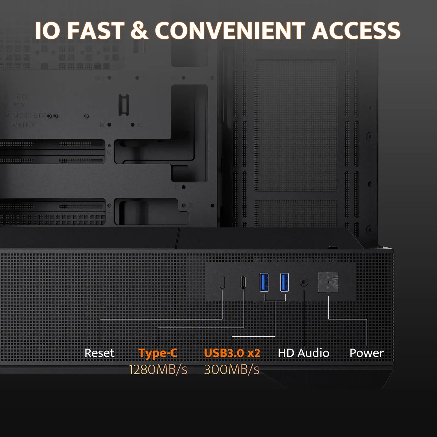 Back view of a computer case with I/O ports labeled on a dark background