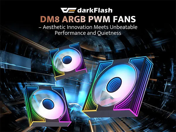 DarkFlash DM8 ARGB PWM fans with colorful lighting on a dark background