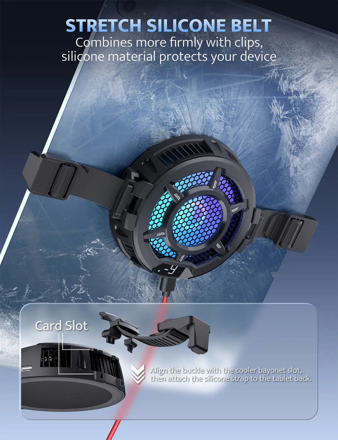 Silicone belt with cooling fan attached to a phone, showing features and compatibility with a card slot.