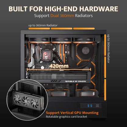 Computer case with high-end hardware support features on a dark background