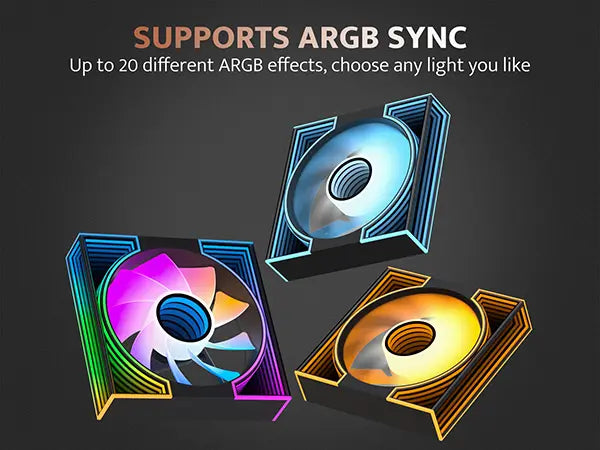 Three ARGB computer fans with colorful lighting on a dark background, highlighting ARGB sync feature.