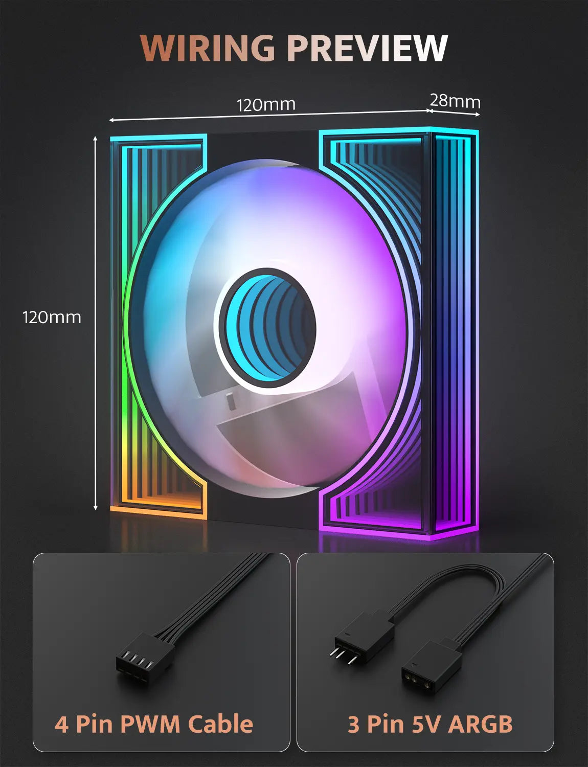 Glossy fan with RGB lighting and cable details on a dark background