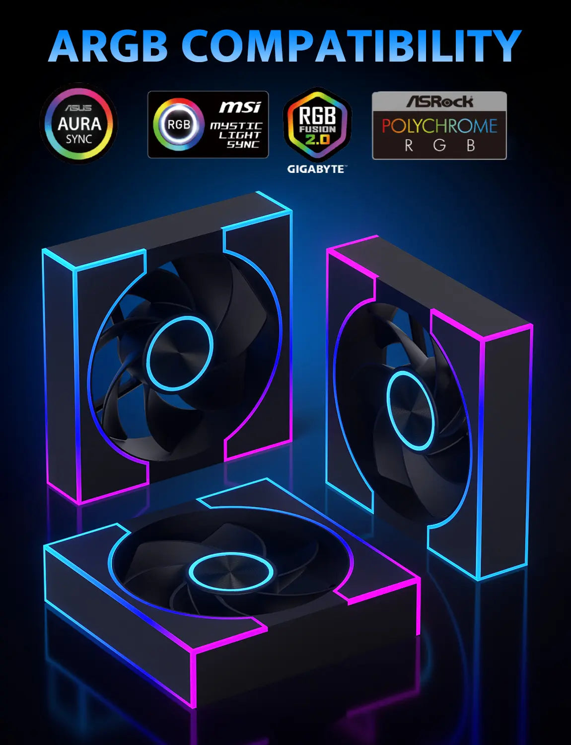 Three computer fans with RGB lighting on a dark background, featuring ARGB compatibility logos.