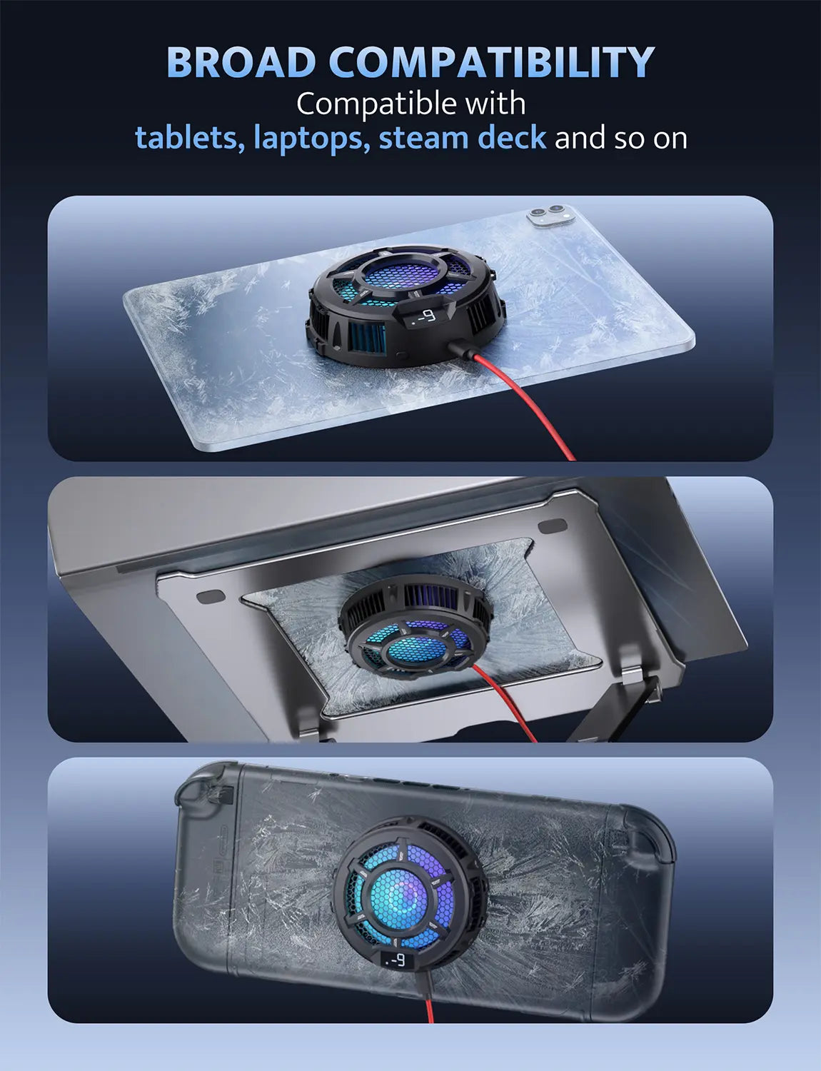 Cooling pad with fan on a blue gradient background, text indicating compatibility with tablets, laptops, and steam deck.