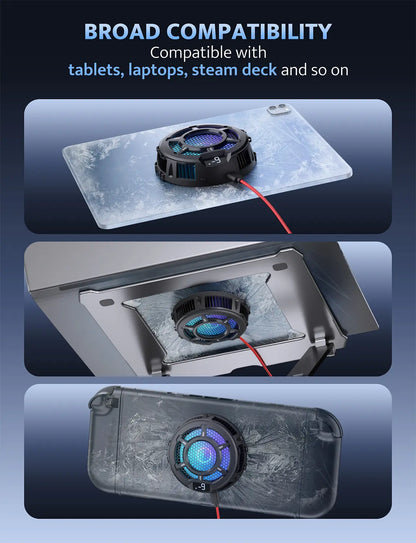 Cooling pad with fan on a blue gradient background, text indicating compatibility with tablets, laptops, and steam deck.