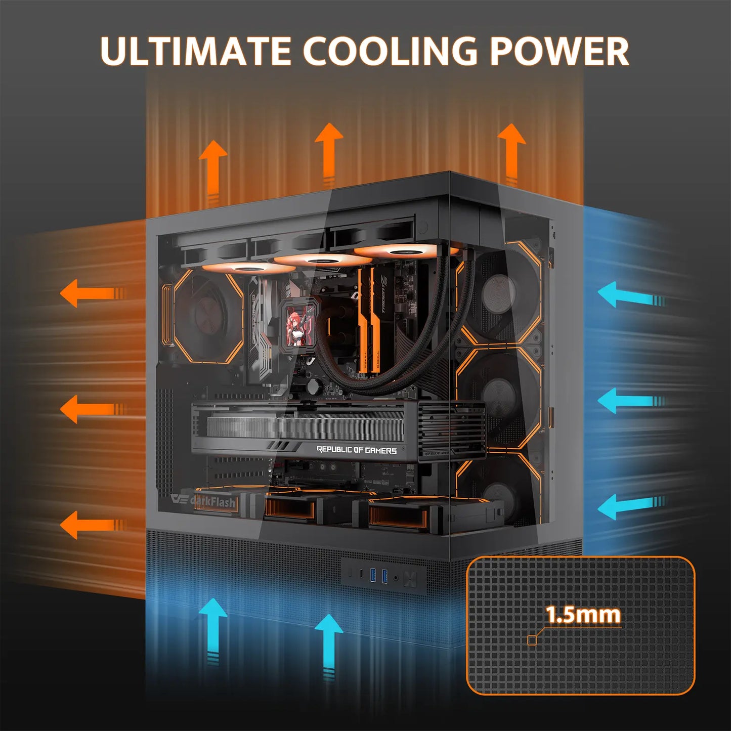 Computer case with cooling system illustration and 'Ultimate Cooling Power' text