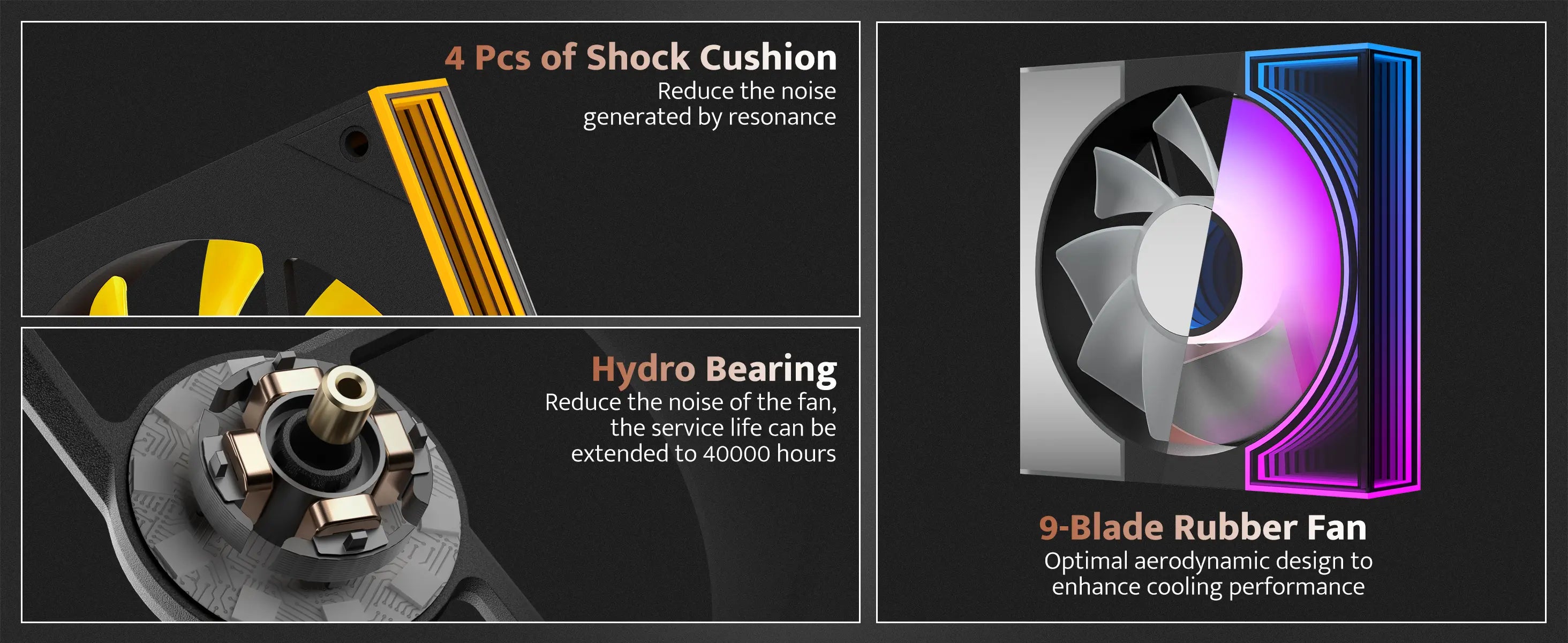 Product features with shock cushion, hydro bearing, and 3-blade rubber fan on a black background.
