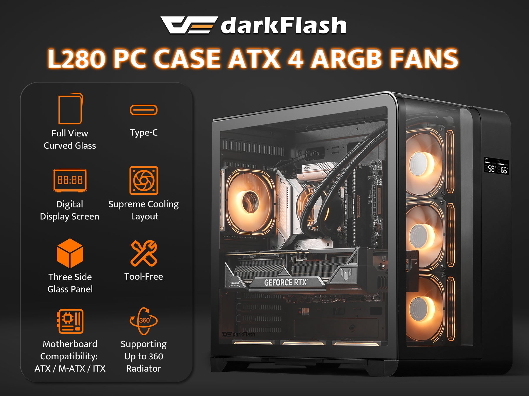L280 ATX Mid-Tower PC Case with Screen | darkFlash