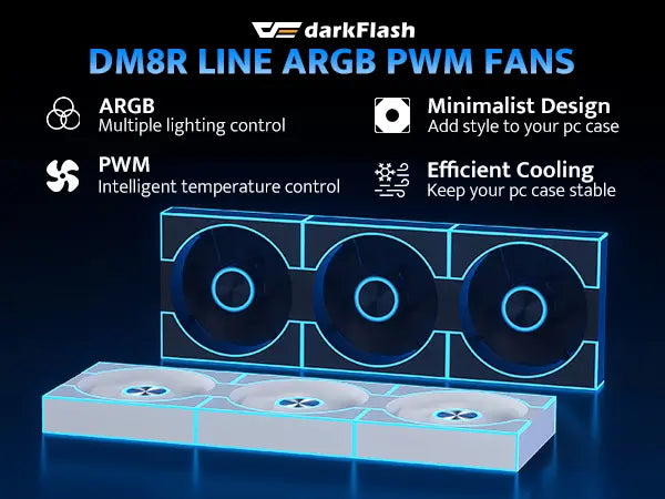 DarkFlash DM8R ARGB PWM fans with features highlighted on a dark background