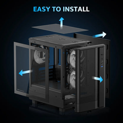 Computer case with open side panel on a dark background, labeled 'Easy to Install'.