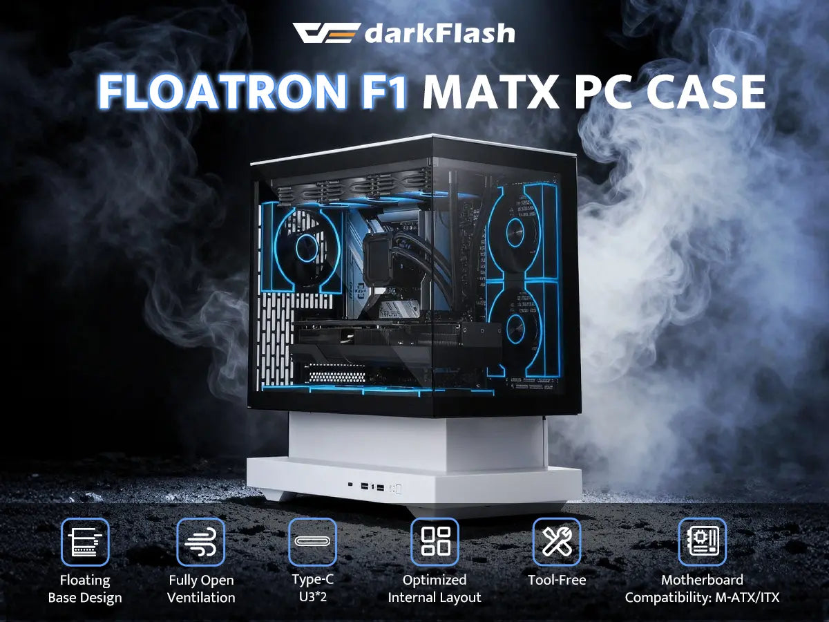 DarkFlash Floatron F1 MATX PC case with smoke effects on a dark background