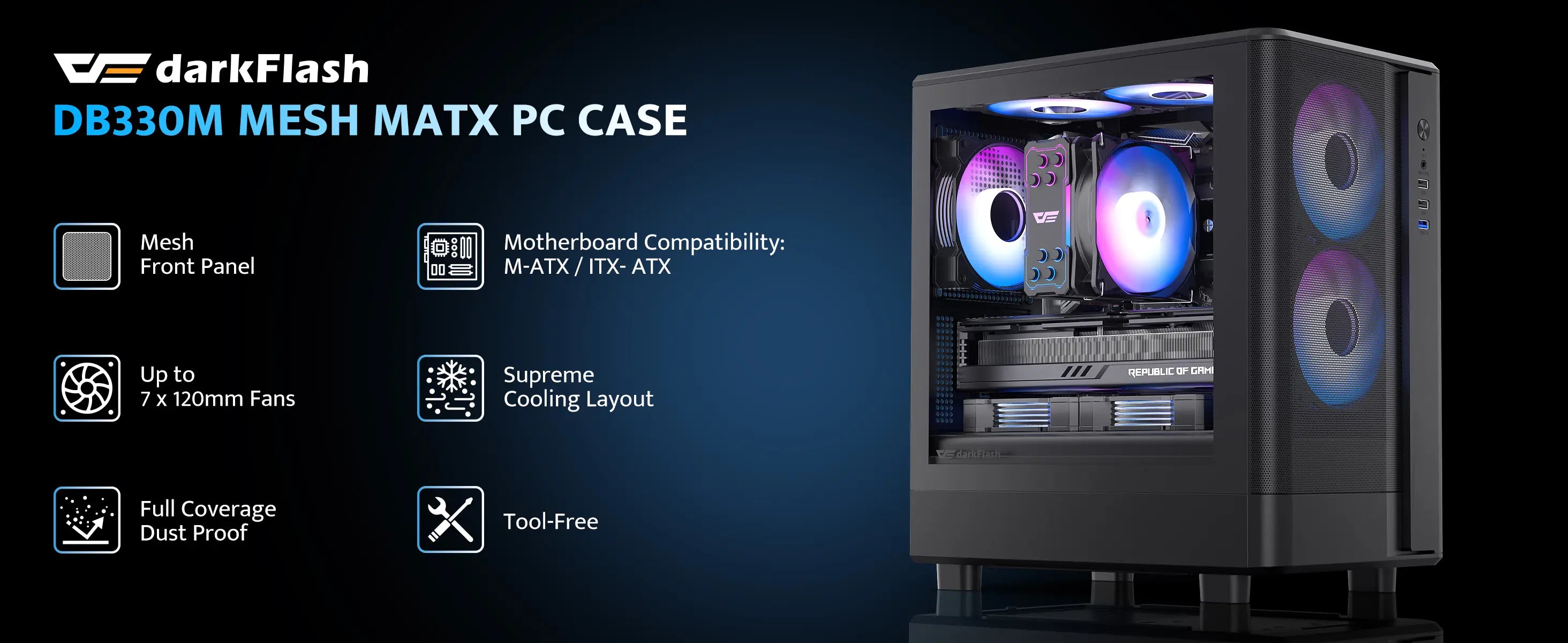 DarkFlash DB330M Mesh MATX PC case with features listed