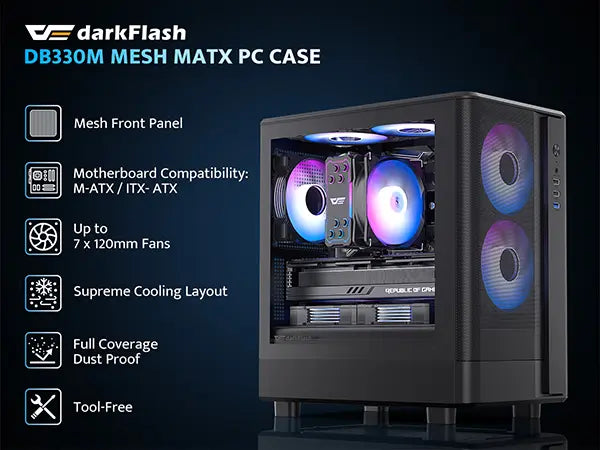 DarkFlash DB330M Mesh MATX PC case with features listed