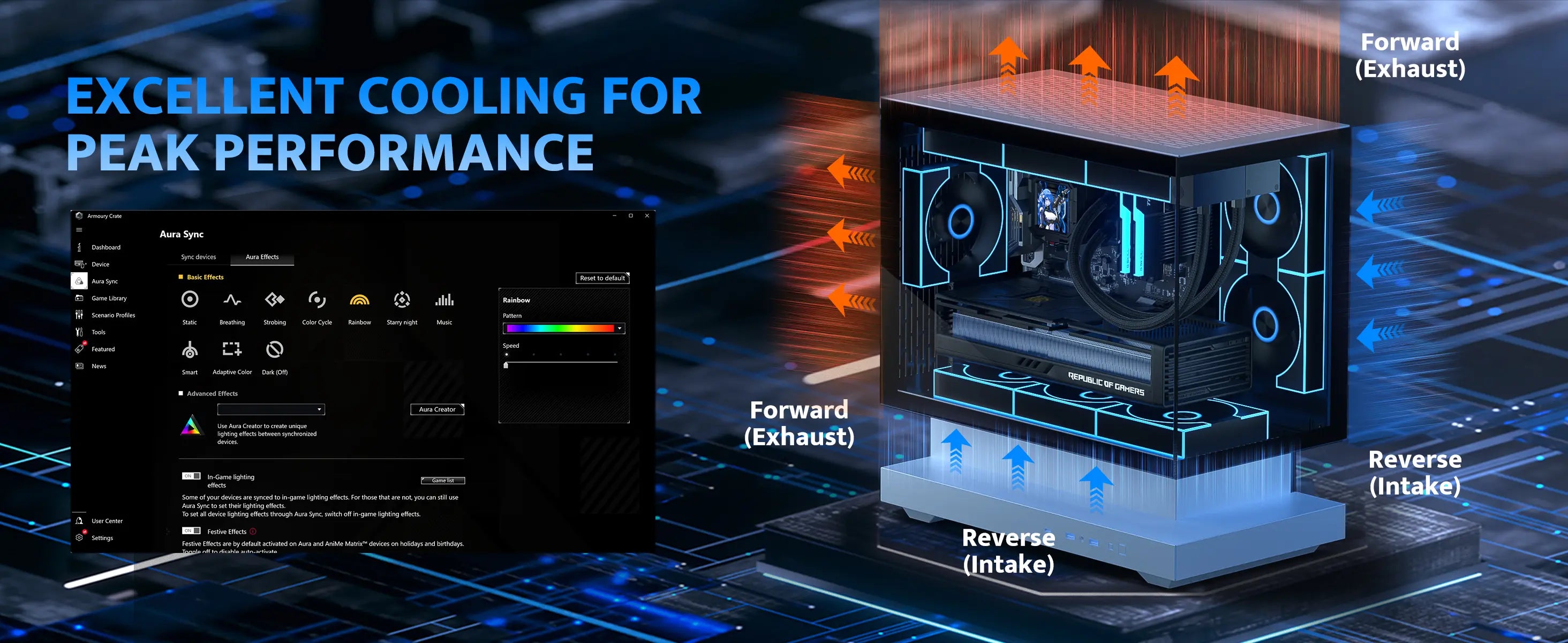 Computer hardware with cooling system and interface displaying 'Excellent Cooling for Peak Performance'.