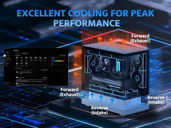Computer hardware component with cooling system illustration and text 'Excellent Cooling for Peak Performance' on a dark background.