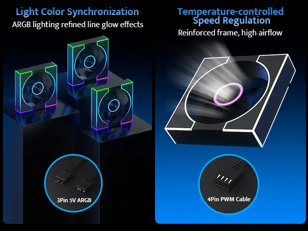 Technical specifications of a cooling system with RGB lighting and temperature control features.