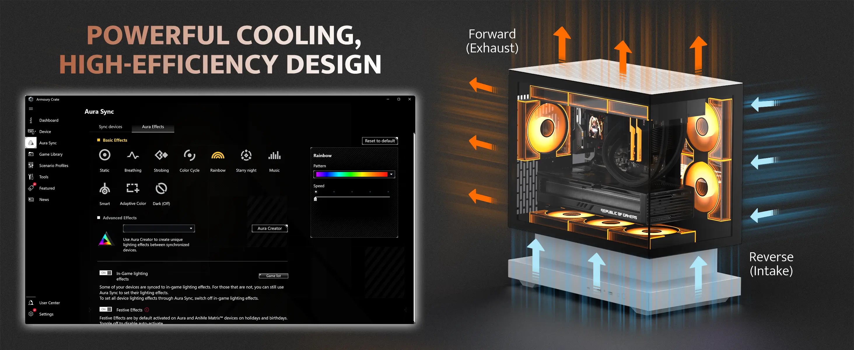 Computer hardware with cooling system and user interface display on a dark background