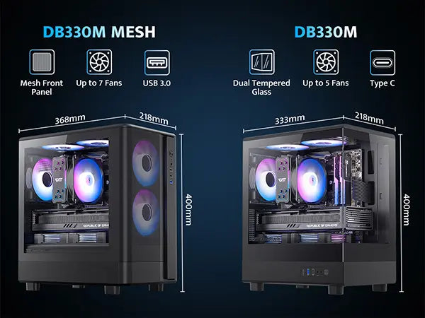 Two computer case models DB330M MESH and DB330M with specifications