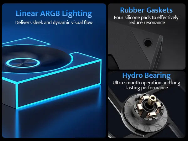 Product features with Linear ARGB Lighting, Rubber Gaskets, and Hydro Bearing highlighted.