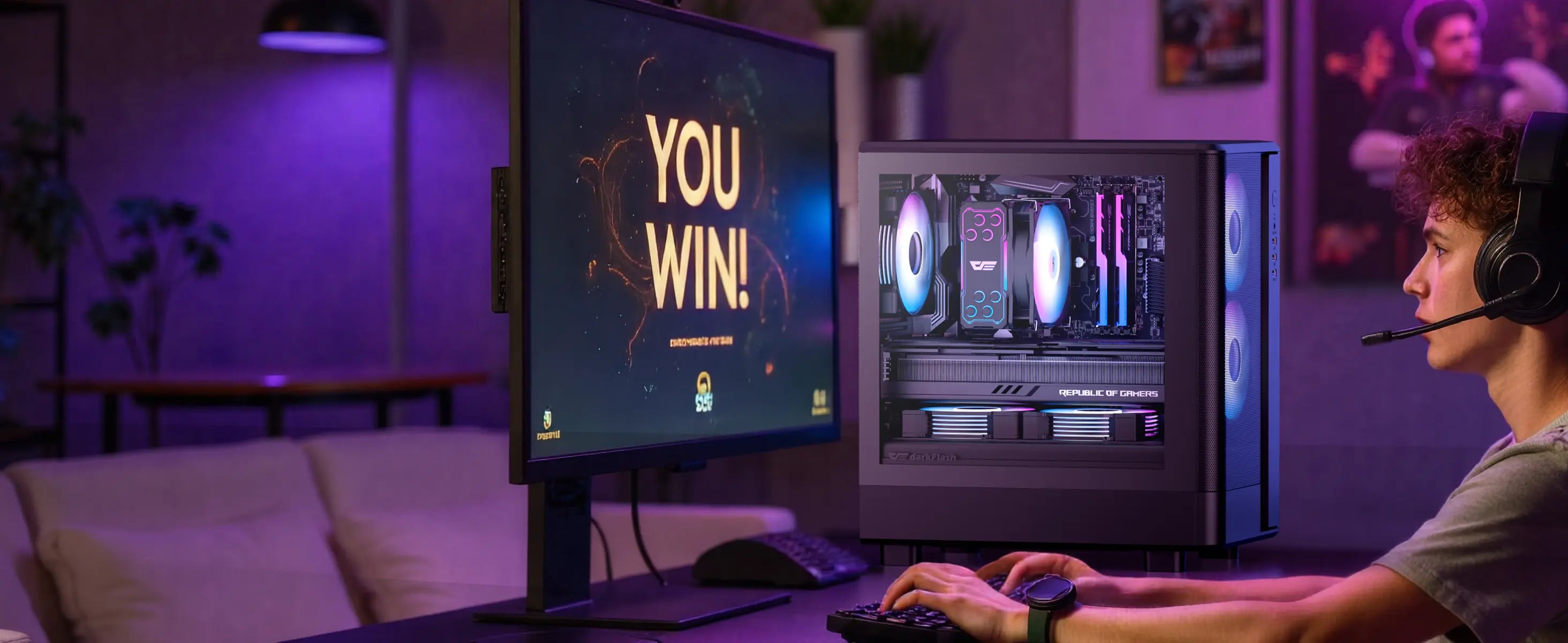 Person playing a video game with 'YOU WIN.' on the screen in a room setting.