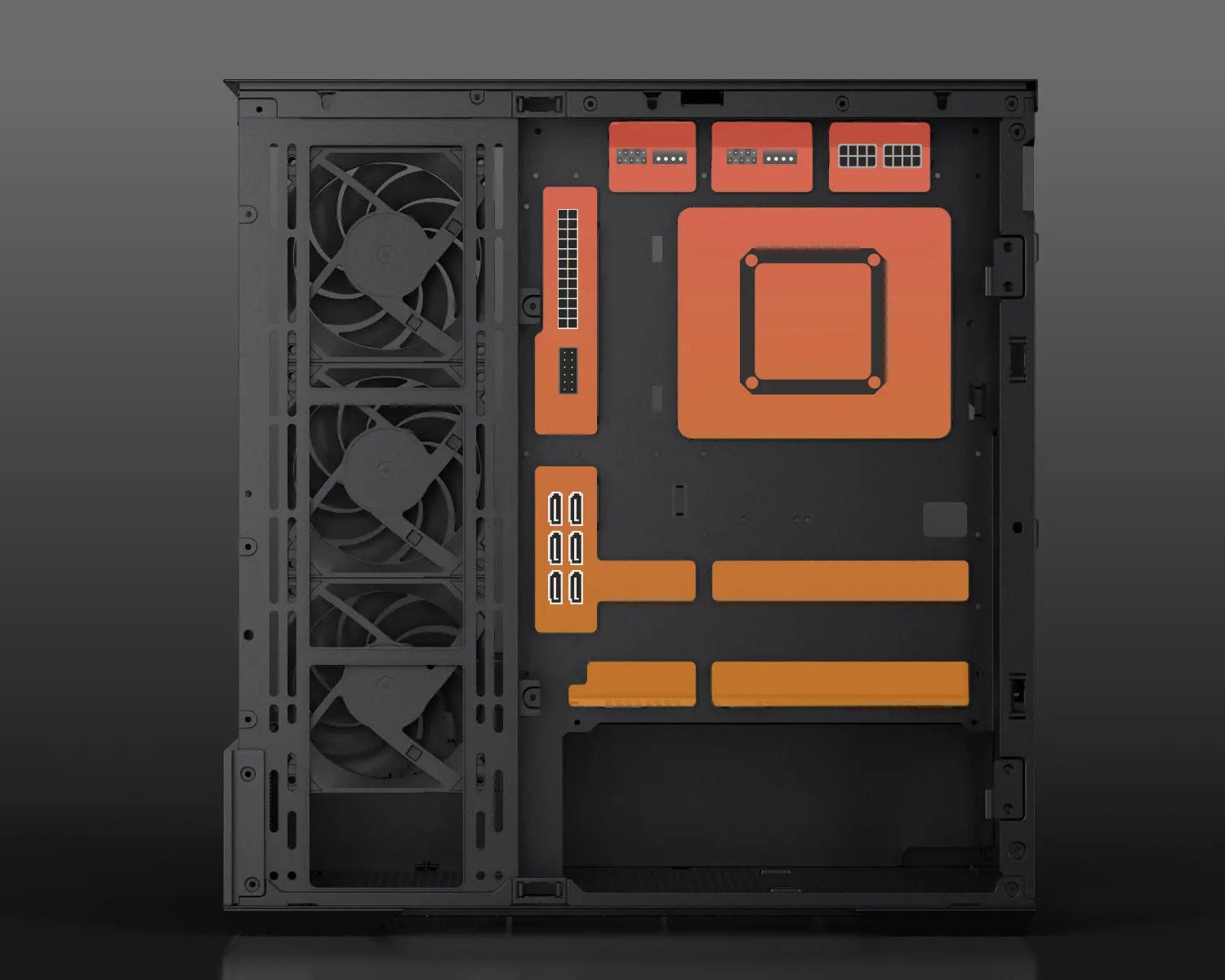 Computer case with ATX/MATX back-connect motherboards support on a dark background